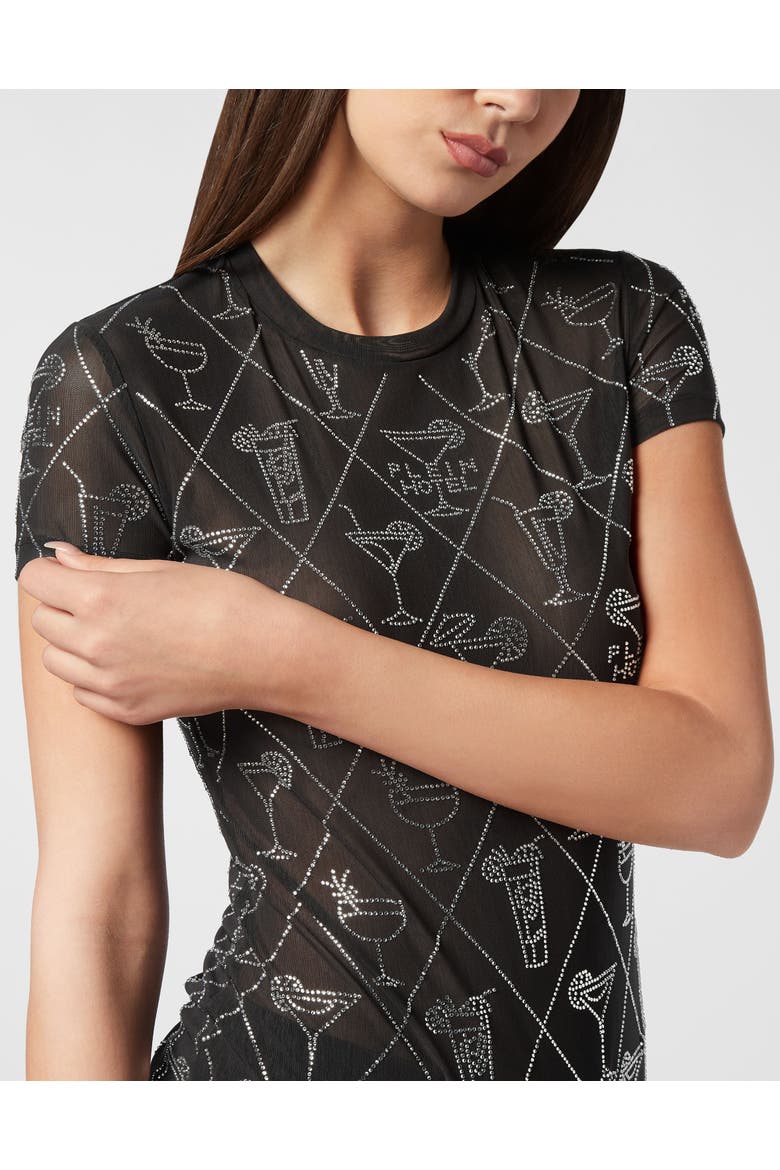 Tulle Sexy Pure Fit T-Shirt Cocktails Crystal Women, Alternate, color, black