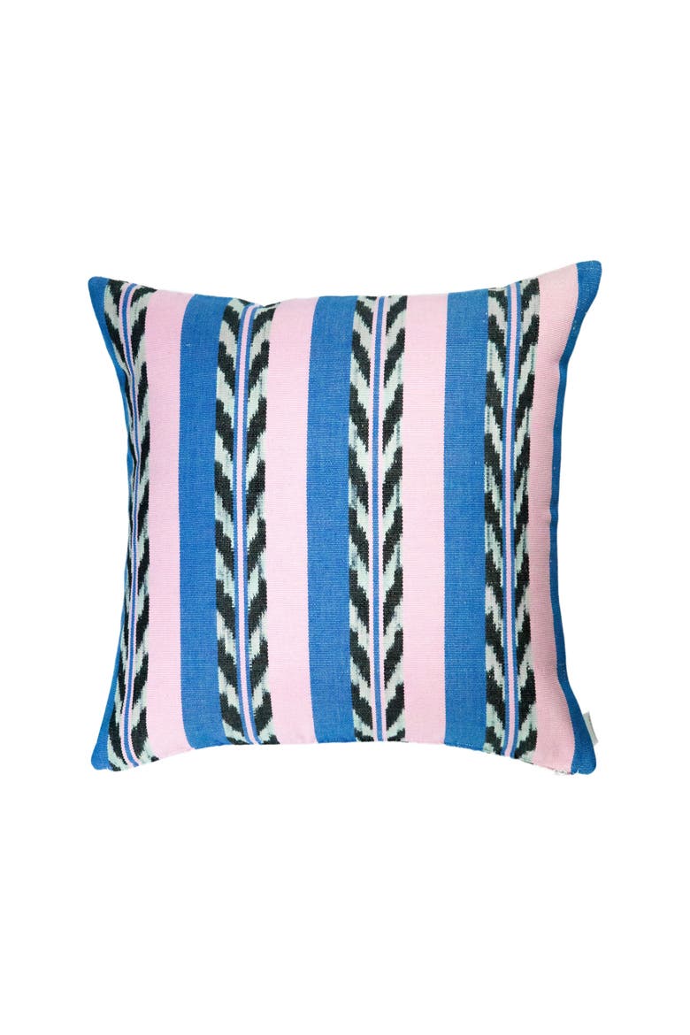 Palm Ikat Striped Pink and Blue Handwoven Cotton Square Pillow, Main, color, Blue and Pink