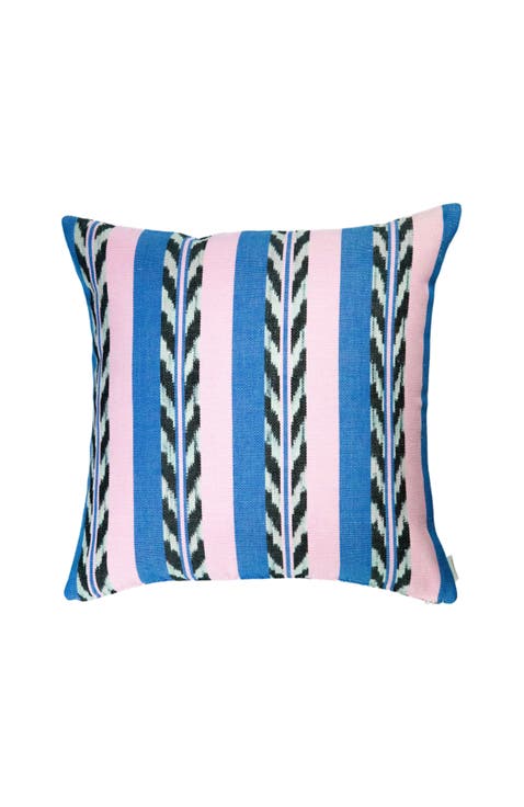 Palm Ikat Striped Pink and Blue Handwoven Cotton Square Pillow