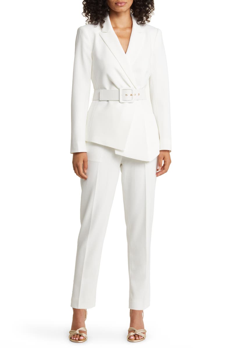 Tahari ASL Peak Lapel Belted Blazer & Pants Set, Main, color, Ivory