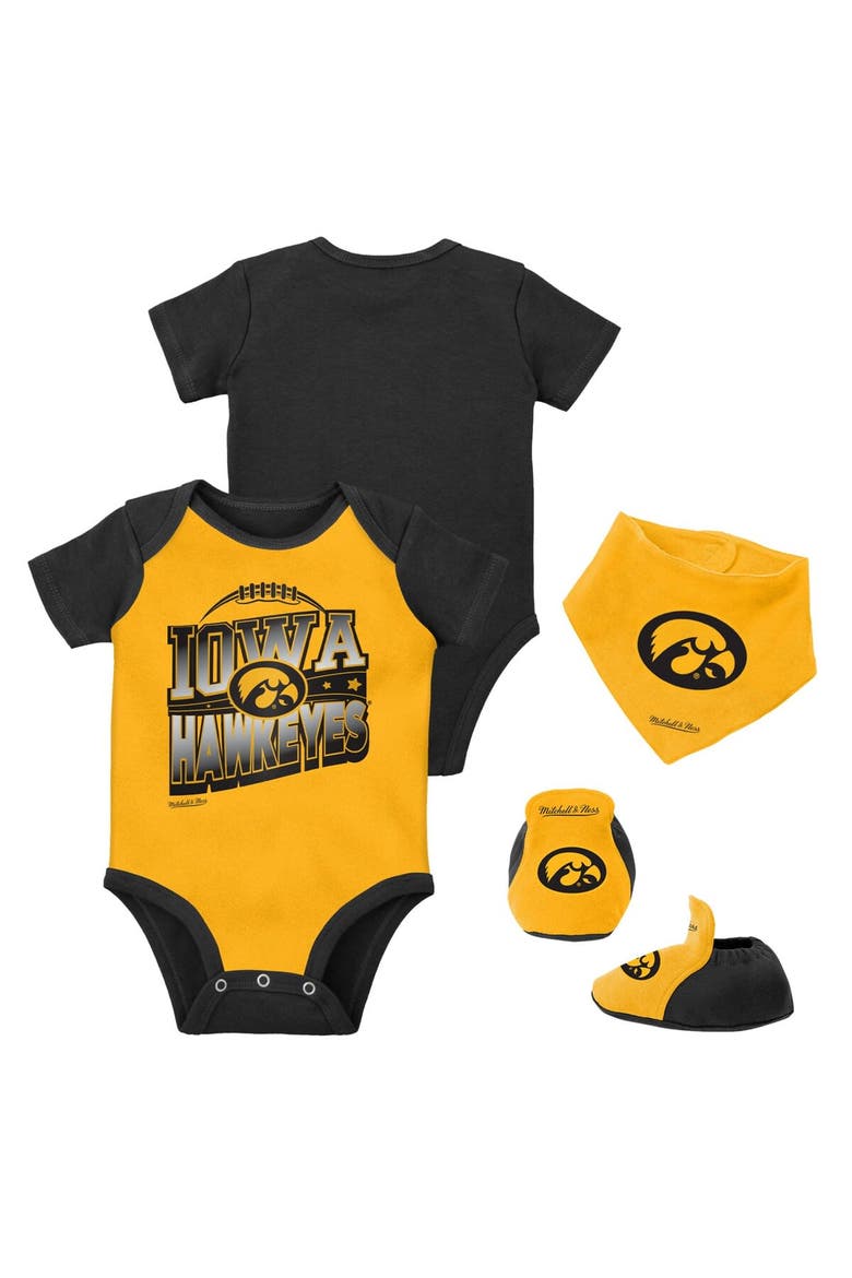 Infant Mitchell & Ness Black/Gold Iowa Hawkeyes 3-Pack Bodysuit, Bib and Bootie Set, Main, color, Black