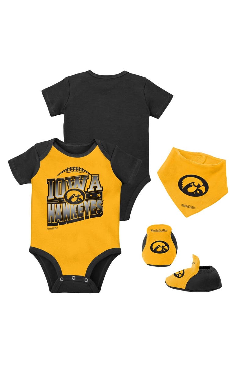 Mitchell & Ness Infant Mitchell & Ness Black/Gold Iowa Hawkeyes 3-Pack Bodysuit, Bib and Bootie Set, Main, color, Black