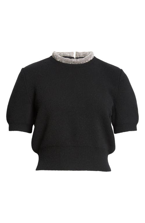Alexander Wang Short Sleeve Crop Wool & Cashmere Sweater With Crystal Hotfix Tubular Collar In 001 Black