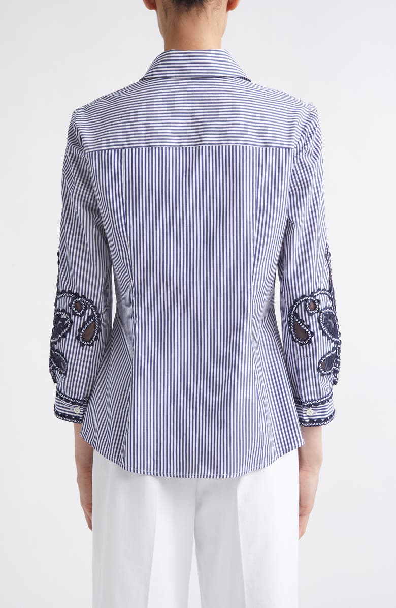 Carolina Herrera Ana Embroidered Stripe Cotton Button-Up Shirt, Alternate, color, White/ Blue
