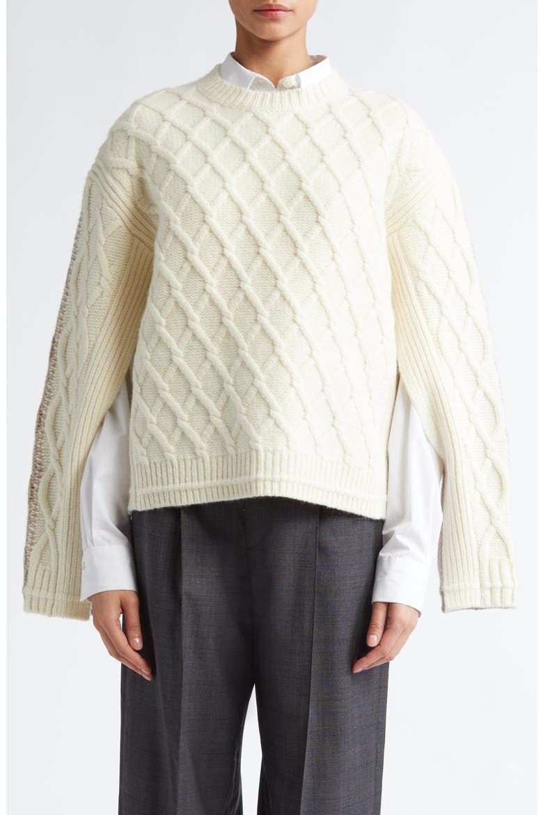 Two-Tone Merino Wool Twisted Cable Crewneck Sweater, Main, color, IVORY/ STONE
