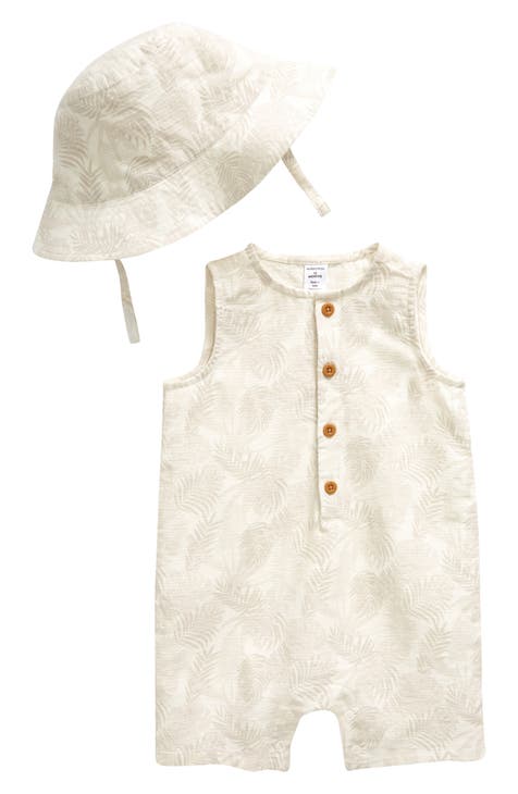 Print Cotton Henley Romper & Sun Hat Set (Baby)