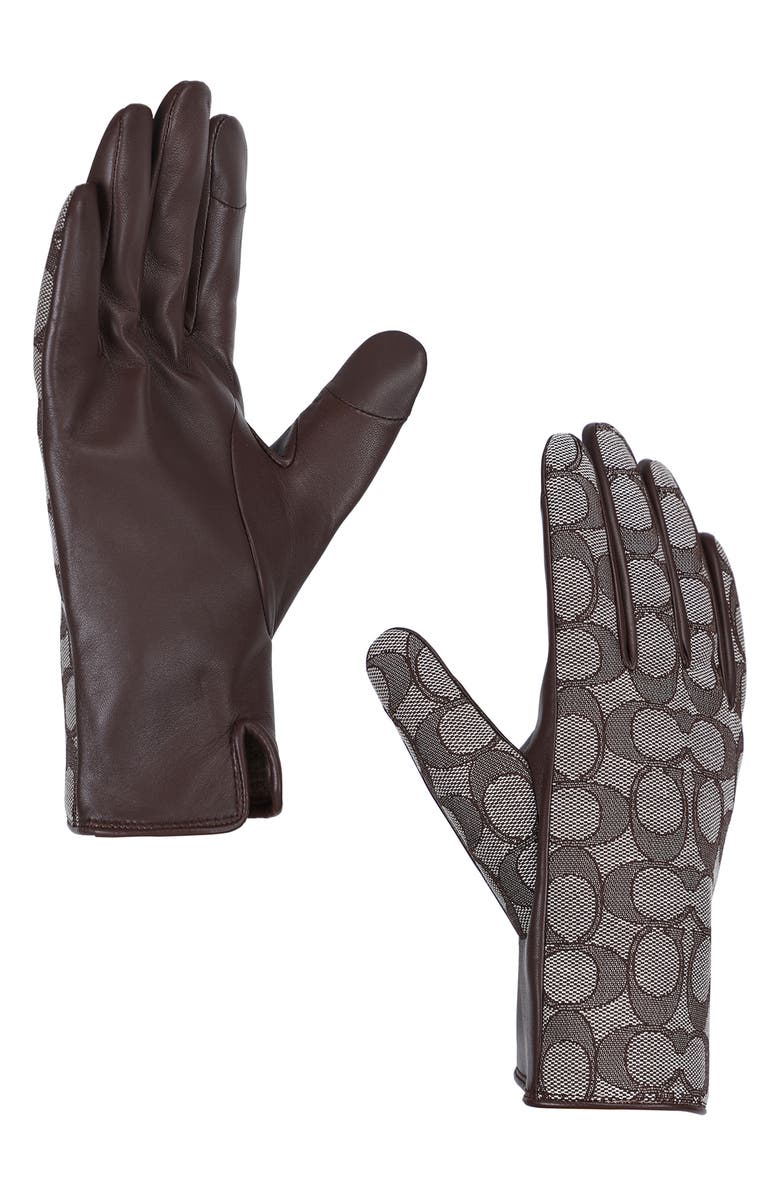 COACH Signature Jacquard Wool Lined Leather Tech Gloves, Main, color, Oak