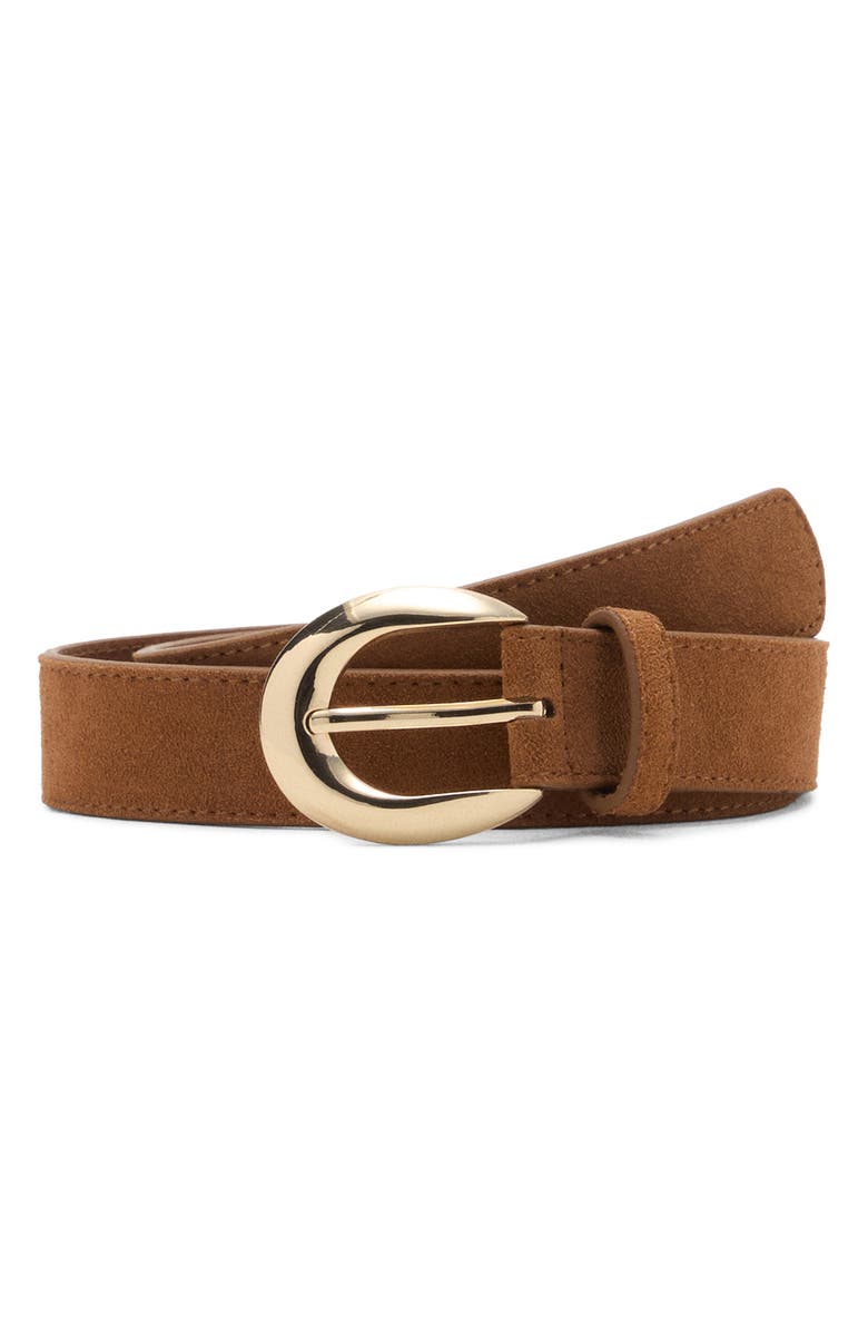 MANGO Oval Buckle Suede Belt, Main, color, Brown