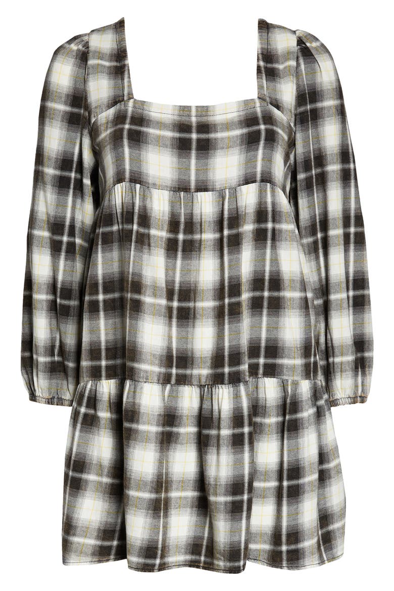 Plaid Long Sleeve Minidress, Alternate, color, IVORY- BLACK MARLEY PLAID