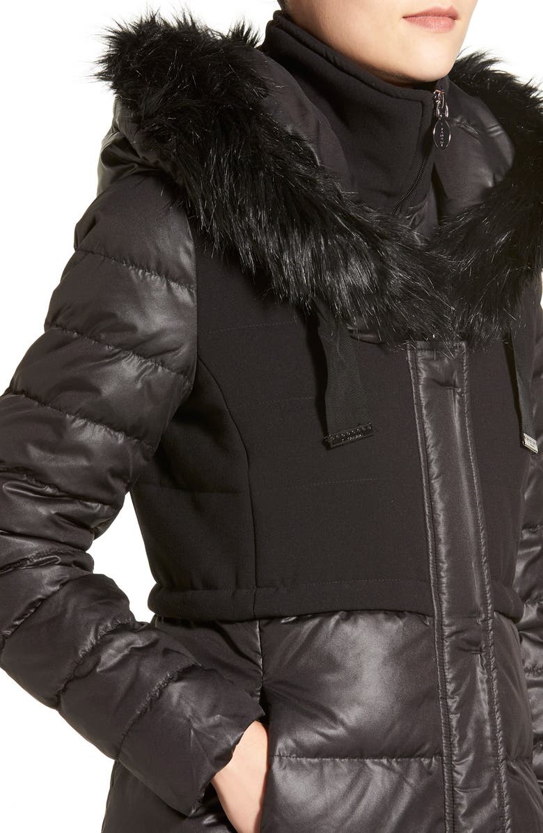 T Tahari 'Allegra' Mixed Media Hooded Down Coat with Faux Fur Trim, Alternate, color, 