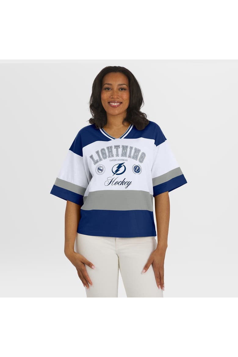 Women's WEAR by Erin Andrews Blue/White Tampa Bay Lightning Jersey Style Tee, Alternate, color, Blue