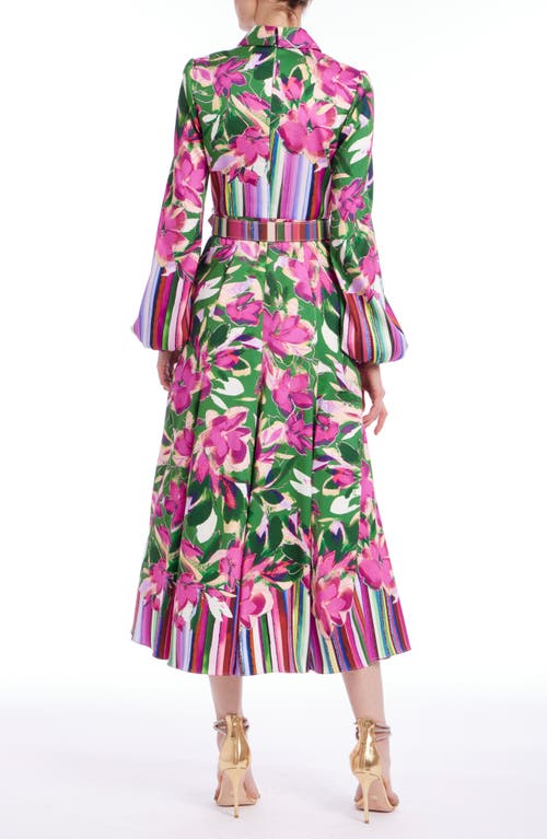 Badgley Mischka Belted Floral & Stripe-print Maxi Shirtdress In Emerald Multi