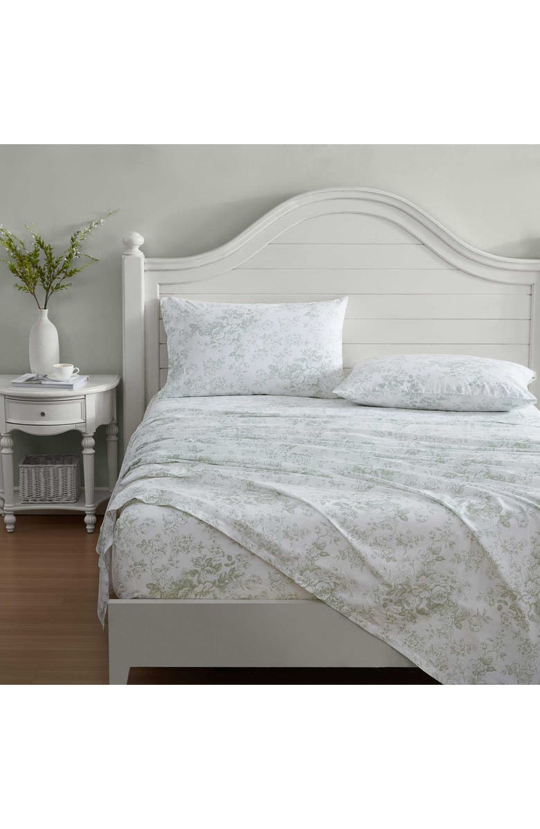 Laura Ashley Toile Delight 4-Piece Cotton Sheet Set, Alternate, color, Pastel Green