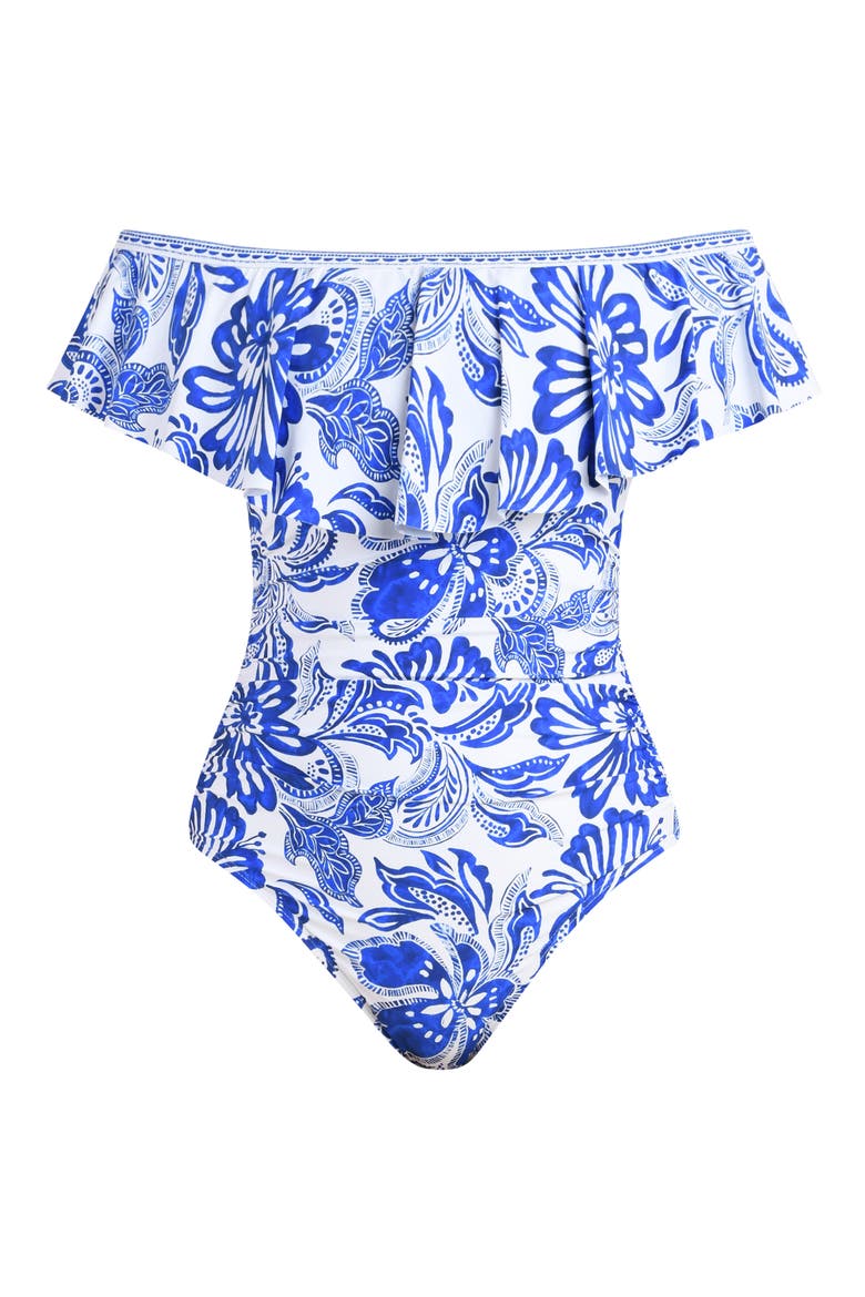 Botanical Brocade Ruffle Off the Shoulder One-Piece Swimsuit, Alternate, color, LAPIS