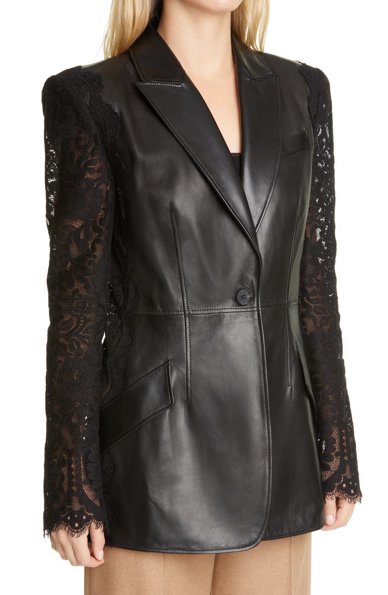 McQueen Alexander McQueen Lace Sleeve Leather Blazer, Alternate, color,
