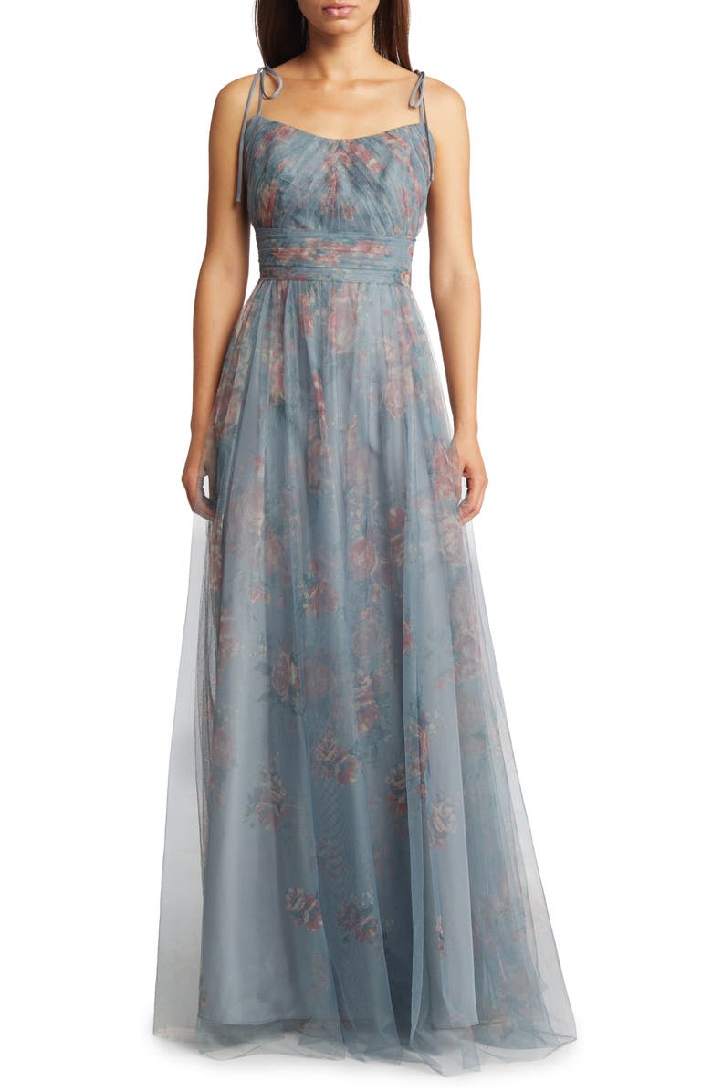 Marchesa Notte Floral Ruched Bodice Tulle Gown, Main, color, 