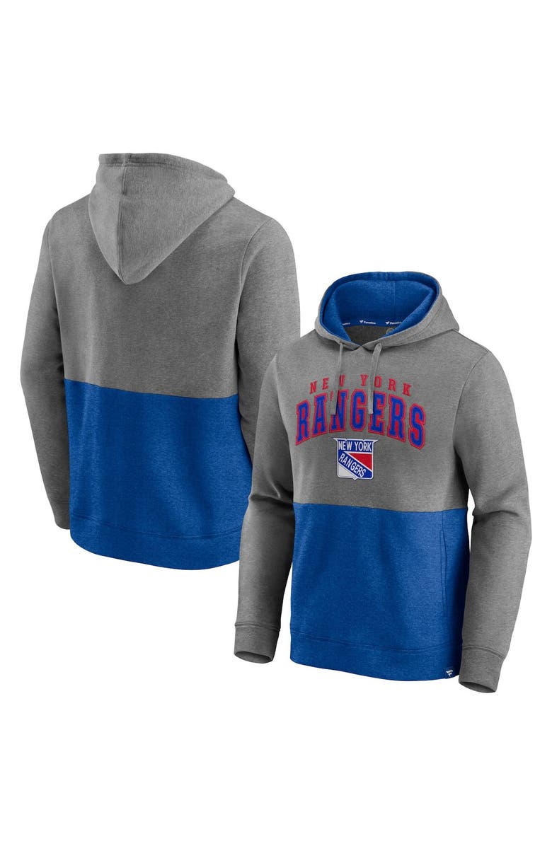 FANATICS Men's Fanatics Branded Heathered Gray/Blue New York Rangers Block Party Classic Arch Signature Pullover Hoodie, Main, color,