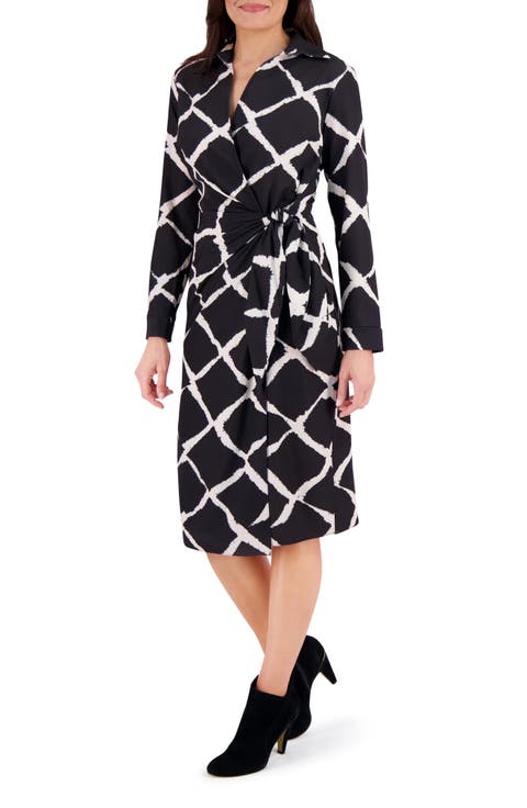 Long Sleeve Faux Wrap Midi Dress