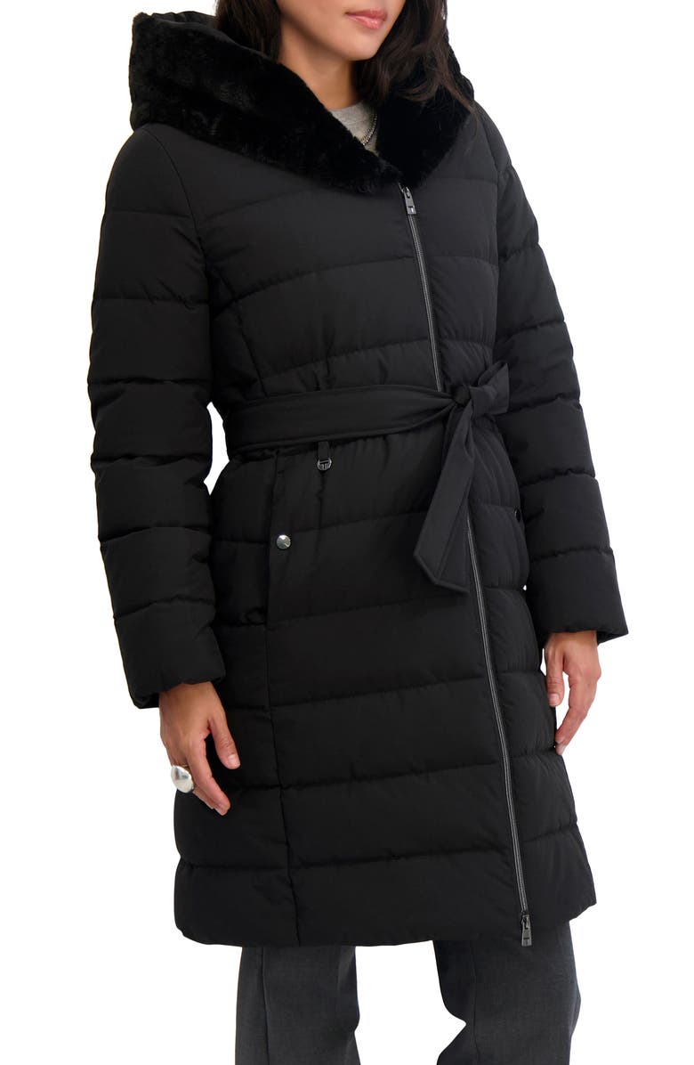Tahari Vic Belted Longline Coat with Faux Fur Trim Hood, Alternate, color, Black