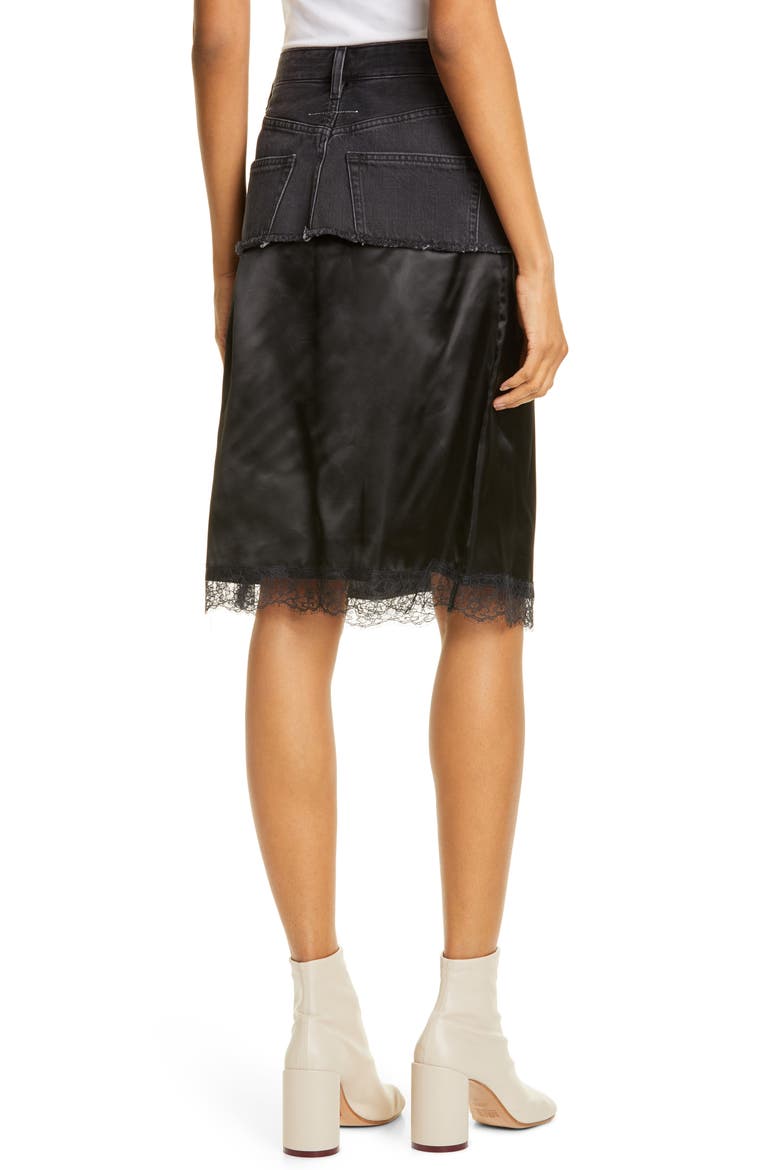 Satin Contrast Denim Skirt, Alternate, color, BLACK
