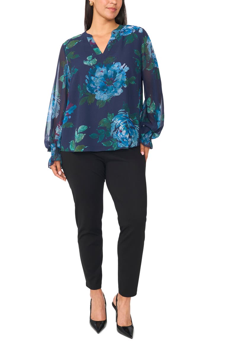 Floral Print Split Neck Top, Alternate, color, RICH NAVY