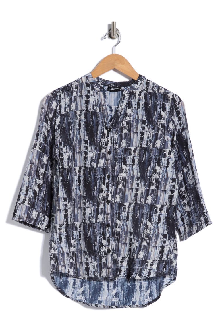 Mandarin Collar Three-Quarter Sleeve Button-Up Shirt, Alternate, color, BLACK/ WHITE