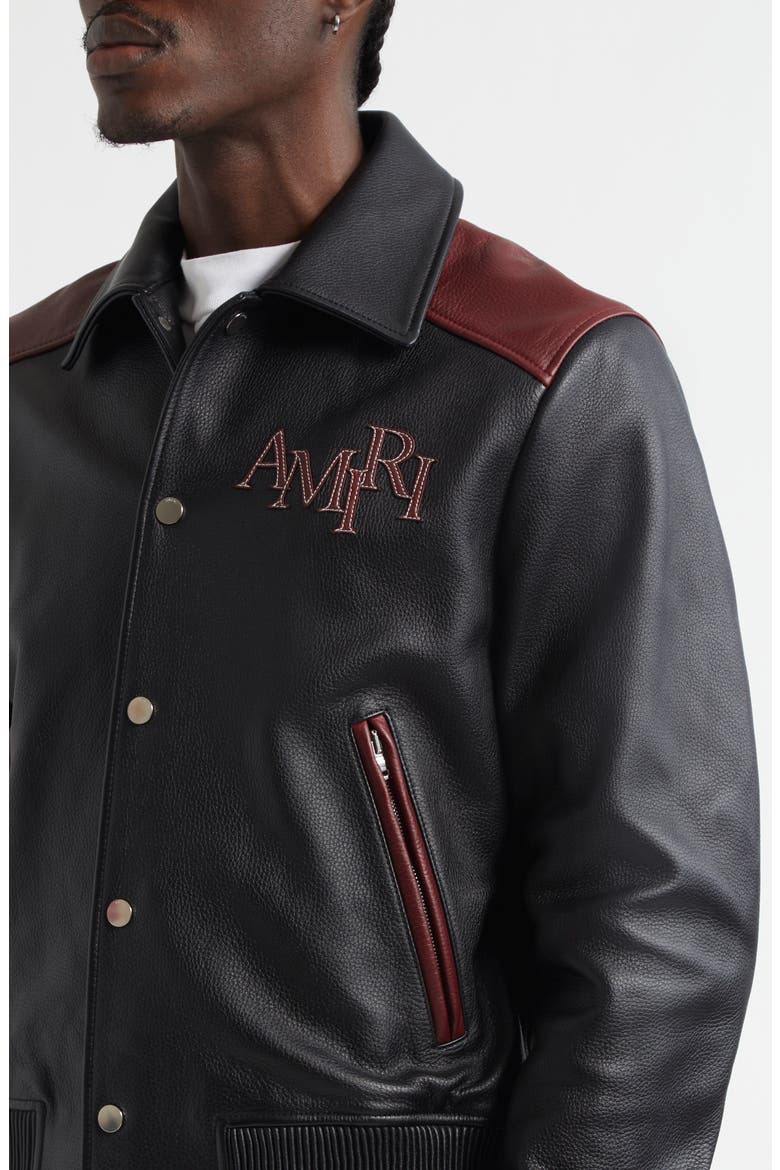 Colorblock Staggered Logo Leather Jacket, Alternate, color, BLACK