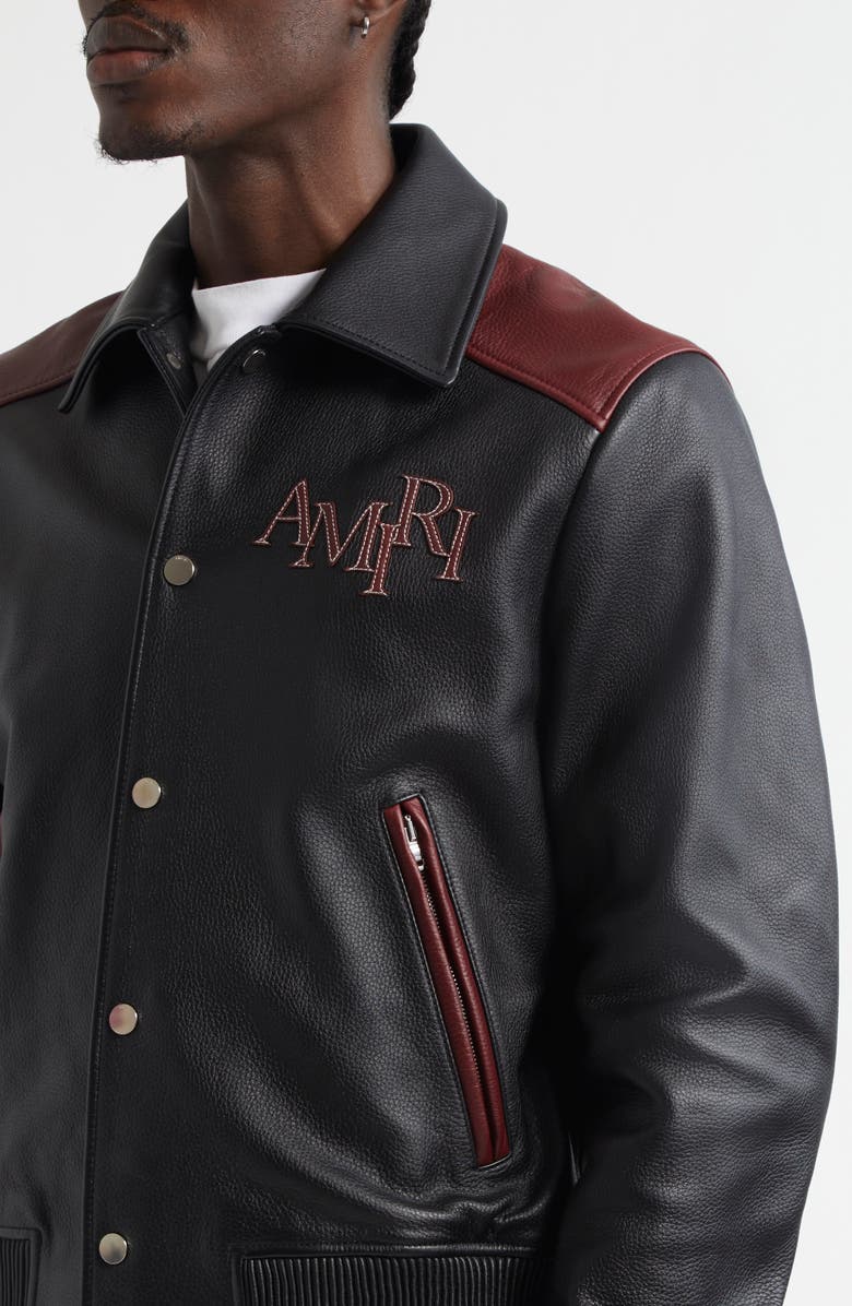 AMIRI Colorblock Staggered Logo Leather Jacket, Alternate, color, Black