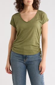 MAX STUDIO Cap Sleeve Ruched Crinkled Knit Top