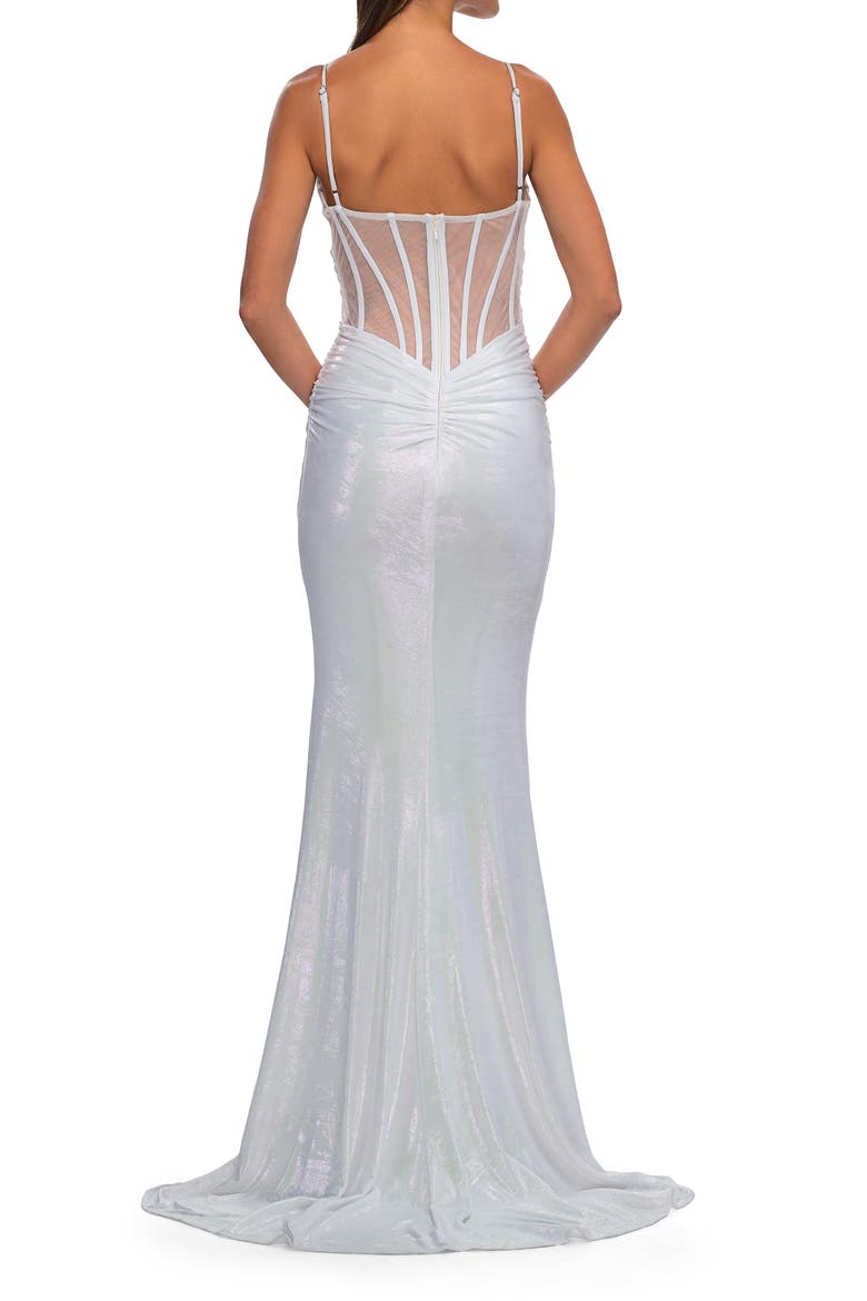 Metallic Prom Dress with Ruching and Illusion Back, Alternate, color, Ivory