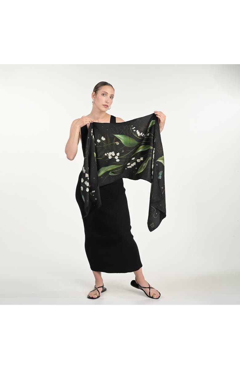 Silk&Soul Lily Of The Valley Silk Scarf, Alternate, color, Black