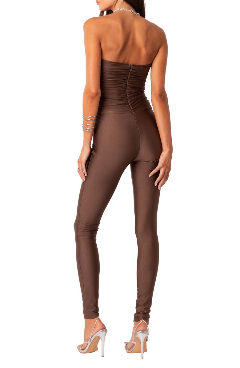 EDIKTED Rhinestone Heart Cutout Strapless Jumpsuit, Alternate, color, Brown