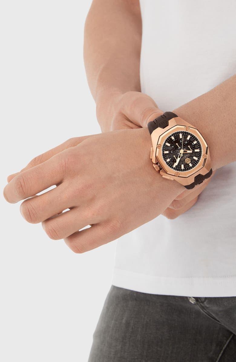 PHILIPP PLEIN Octagon Chronograph Silicone Strap Watch, 44mm, Alternate, color, Ip Rose Gold