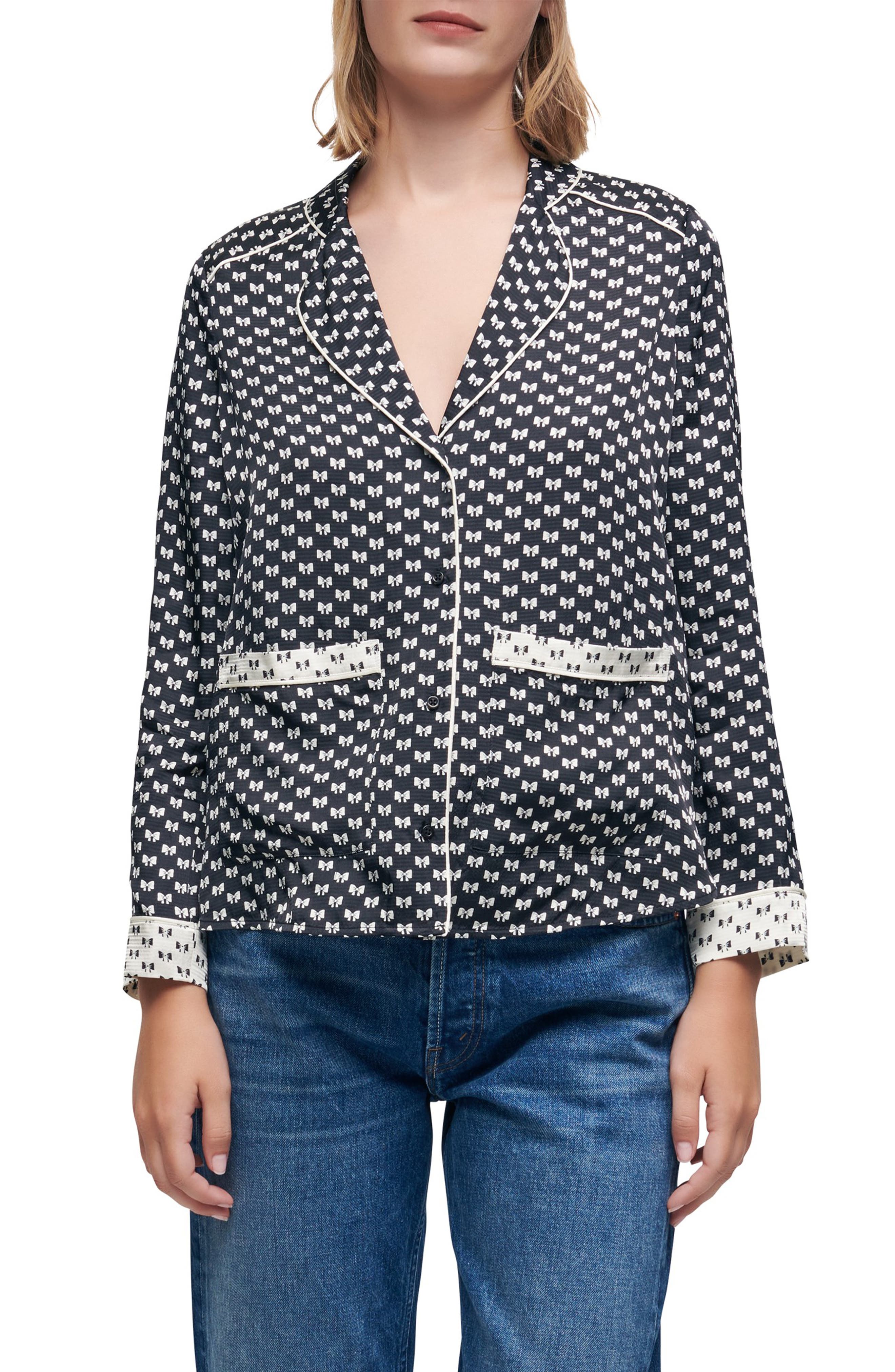 maje Catsy Print & Piped Button-Up Shirt