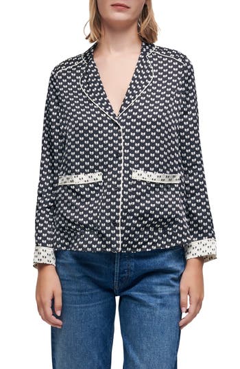 Maje Catsy Print & Piped Button-up Shirt In Blue