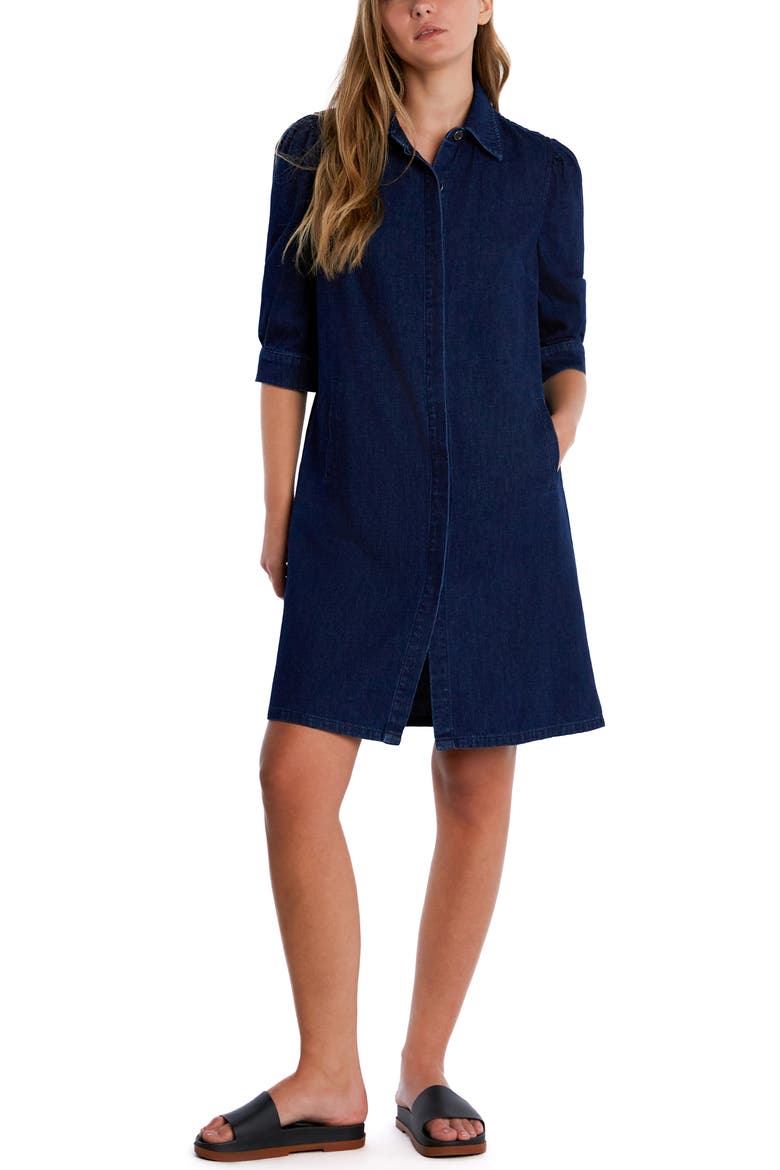 Puff Sleeve Denim Shirtdress, Main, color, NAVY BLUE