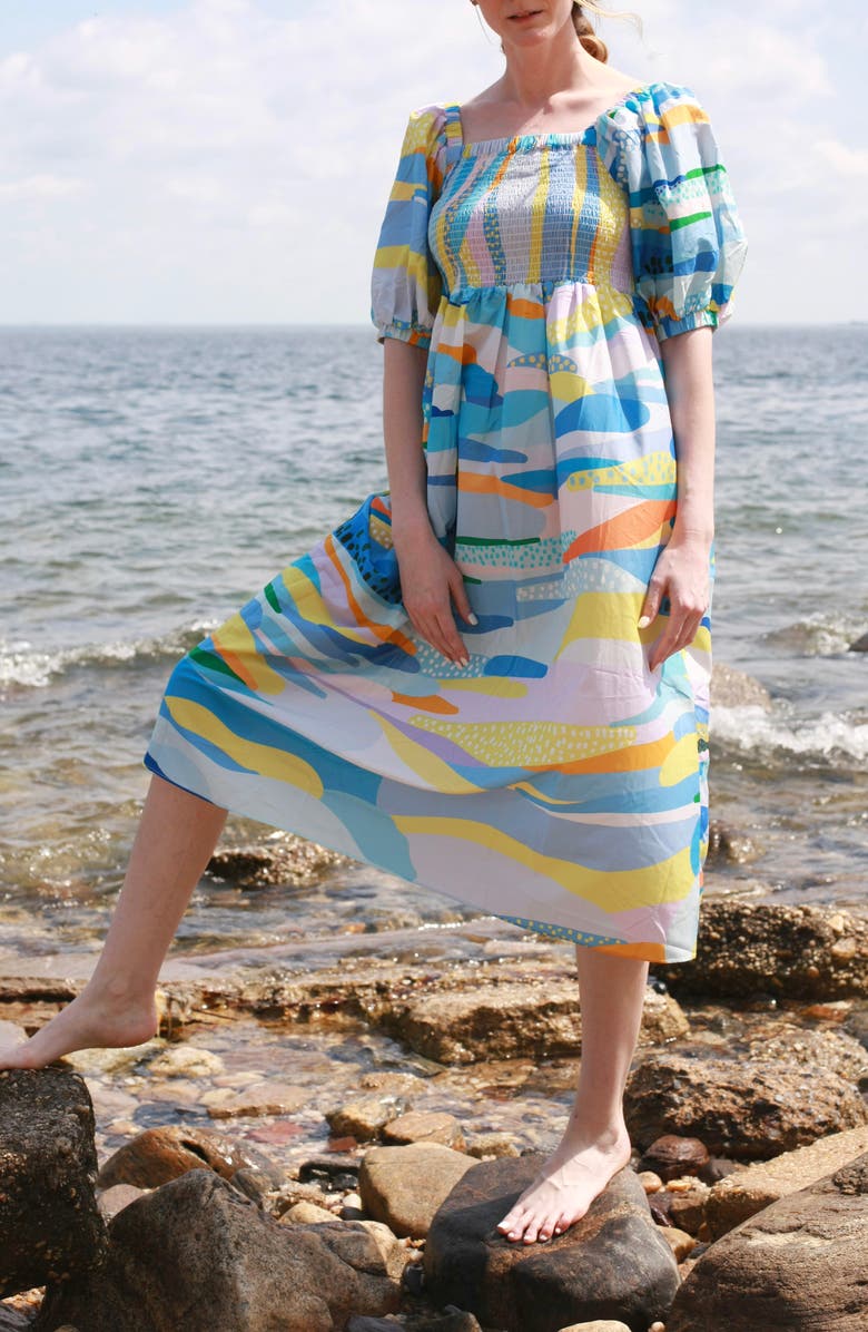 Jessie Zhao New York Landscape Smocked Cotton Silk Dress, Alternate, color, Blue