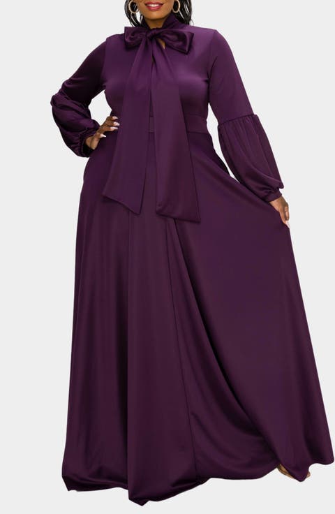 Bella Donna Long Sleeve Ribbon Tie Dress (Plus)