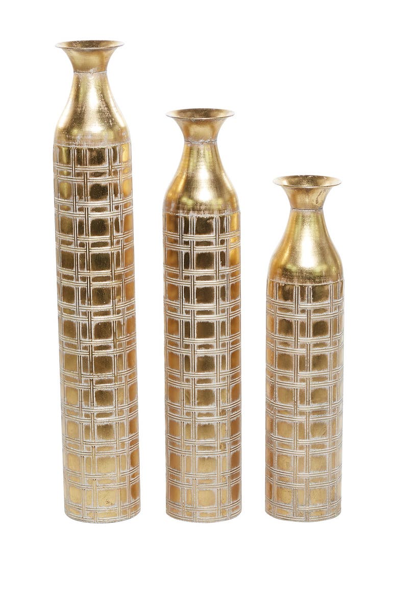 Goldtone Metal Glam Vase with Etched Grid Pattern - Set of 3, Alternate, color, GOLD