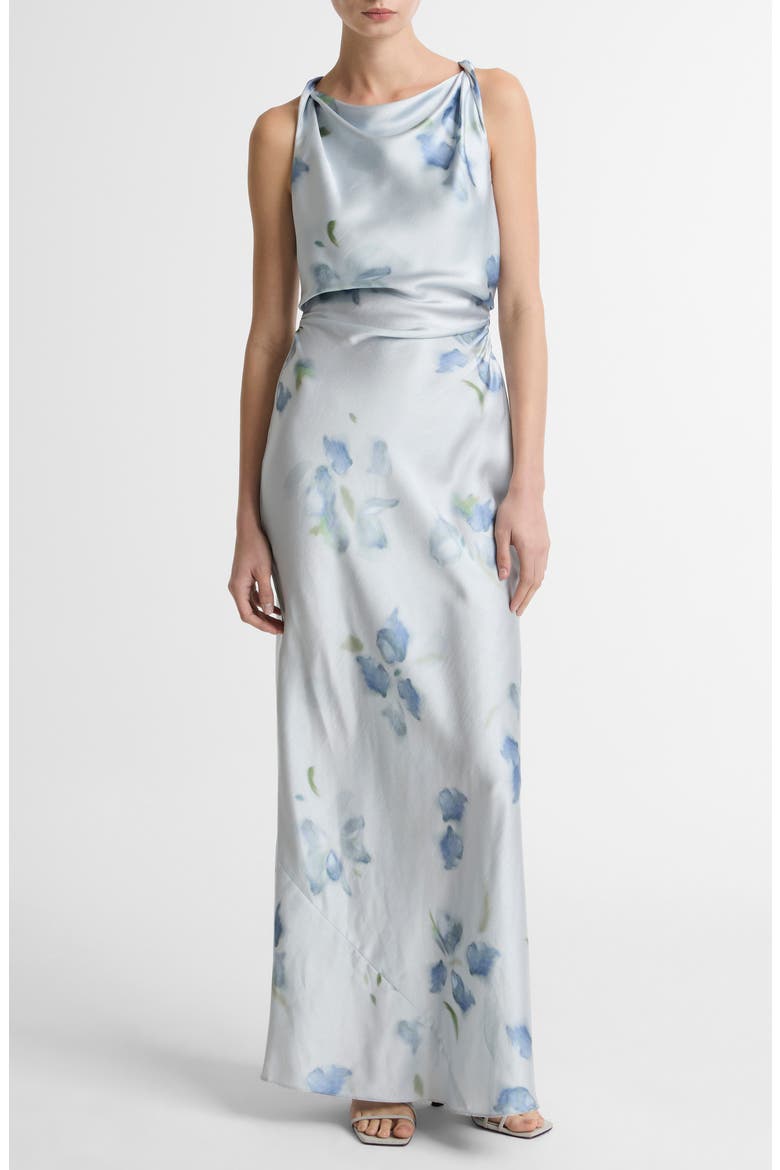 Petal Blur Twist Shoulder Satin Maxi Dress, Main, color, SOFT GREY