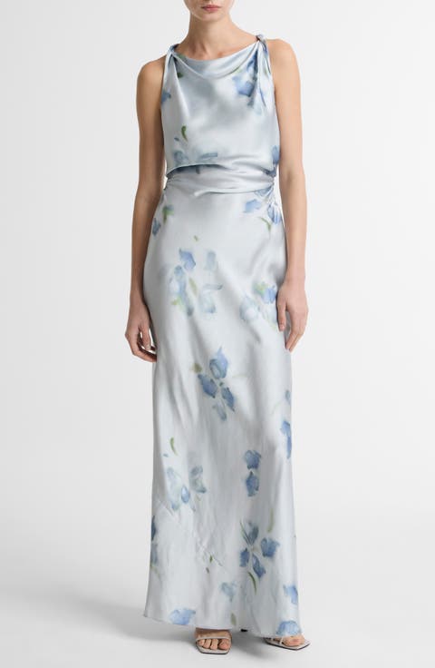 Petal Blur Twist Shoulder Satin Maxi Dress