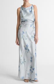 Vince Petal Blur Twist Shoulder Satin Maxi Dress