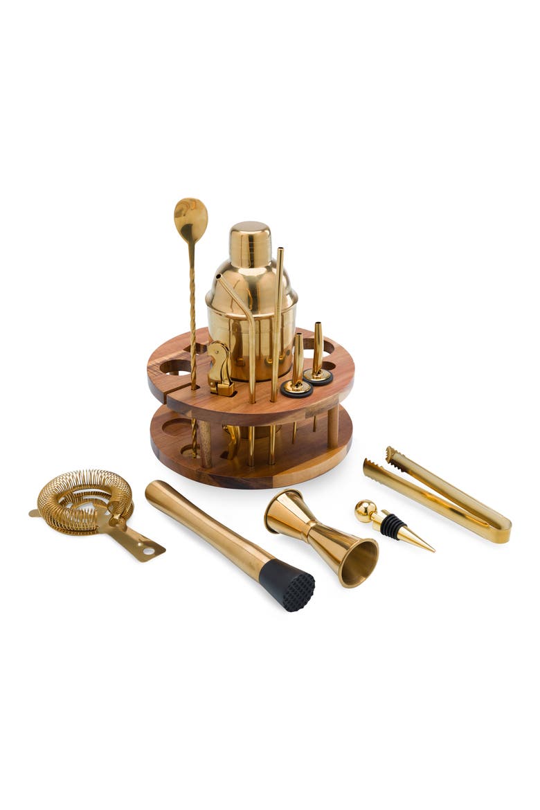 13-Piece Lazy Susan Carousel Bar Tool Set, Main, color, BROWN