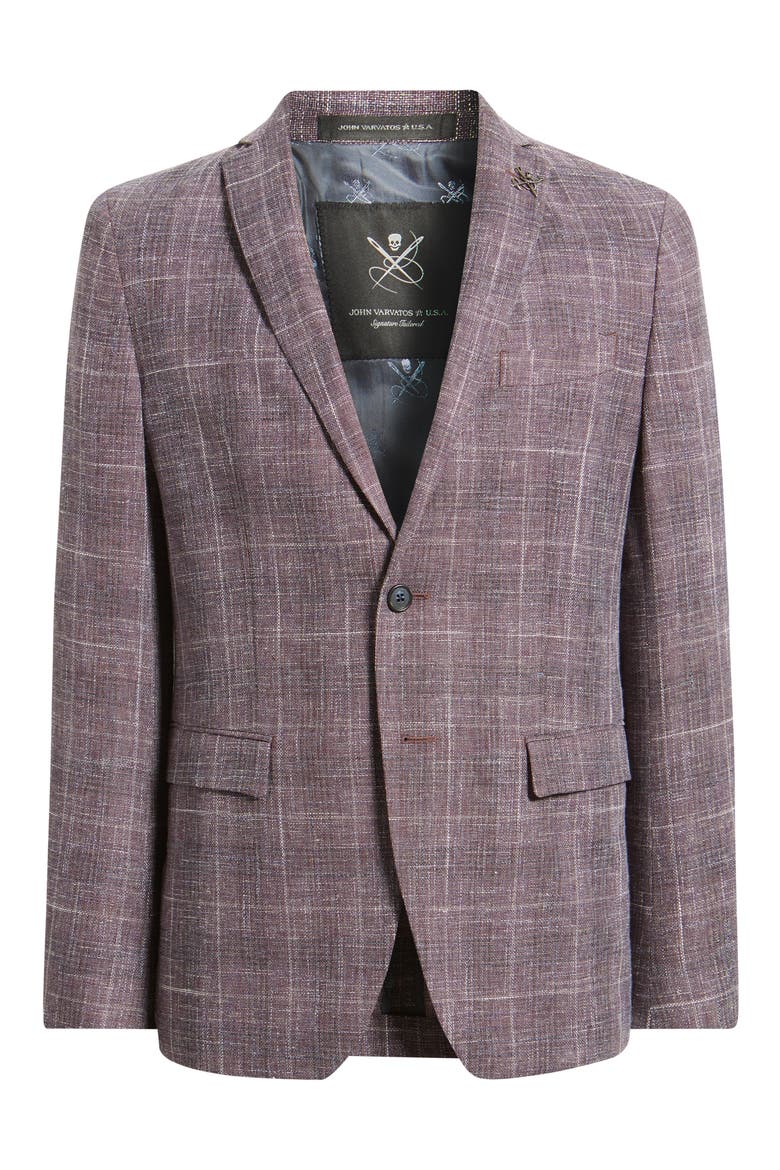 Varick Slim Fit Purple Check Slub Wool & Cotton Blend Sport Coat, Alternate, color, BURGUNDY