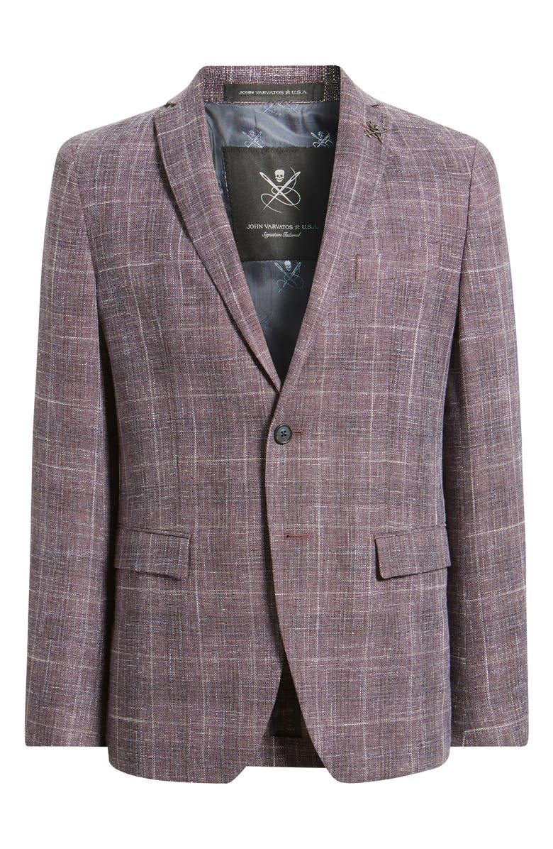 John Varvatos Star USA Varick Slim Fit Purple Check Slub Wool & Cotton Blend Sport Coat, Alternate, color, Burgundy