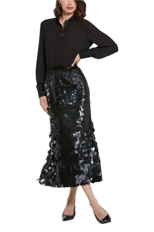 Mac Duggal Paillette Sequin Midi Skirt In Black