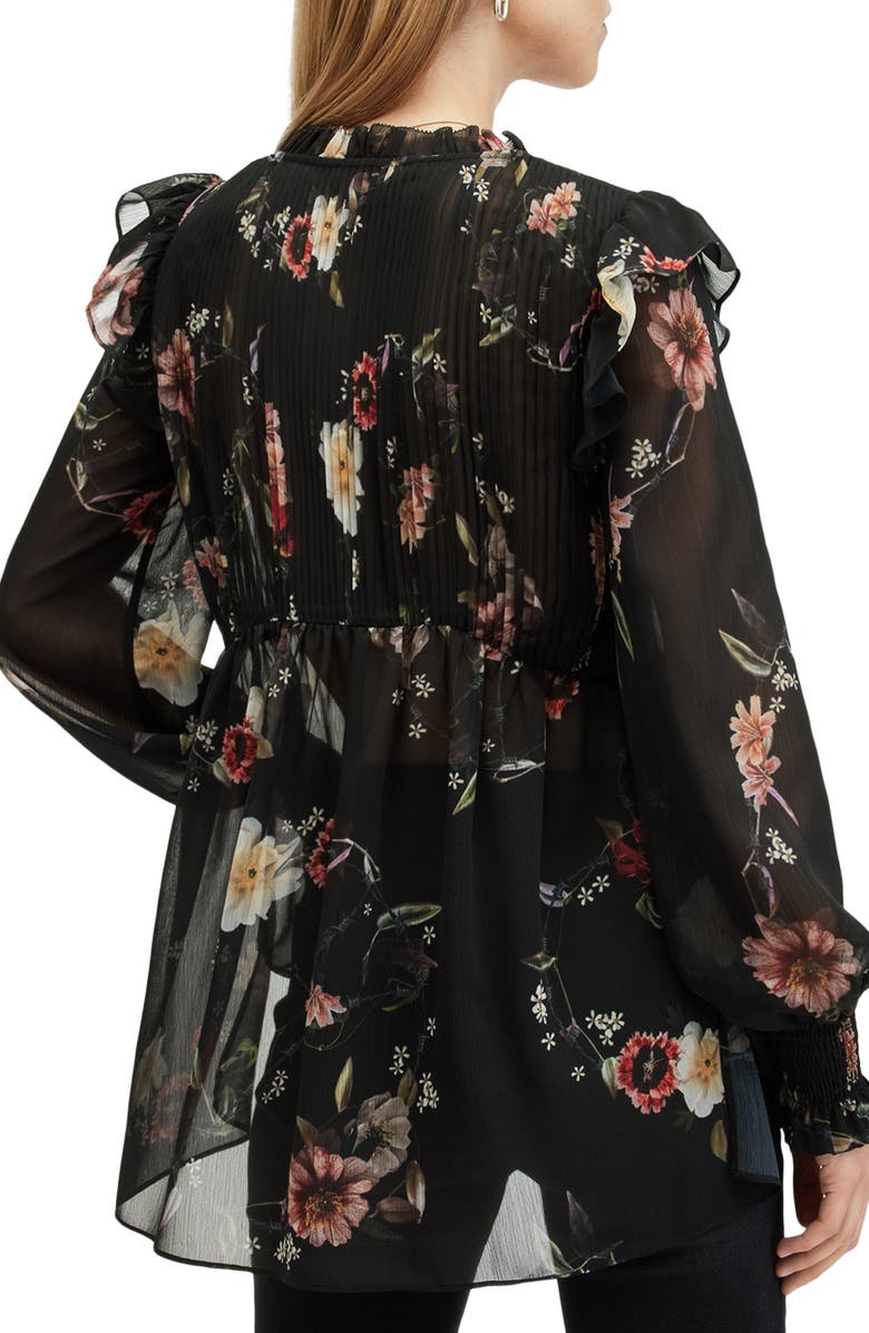 AllSaints Iryna Floral Print Pleated Top, Alternate, color, Unity Black