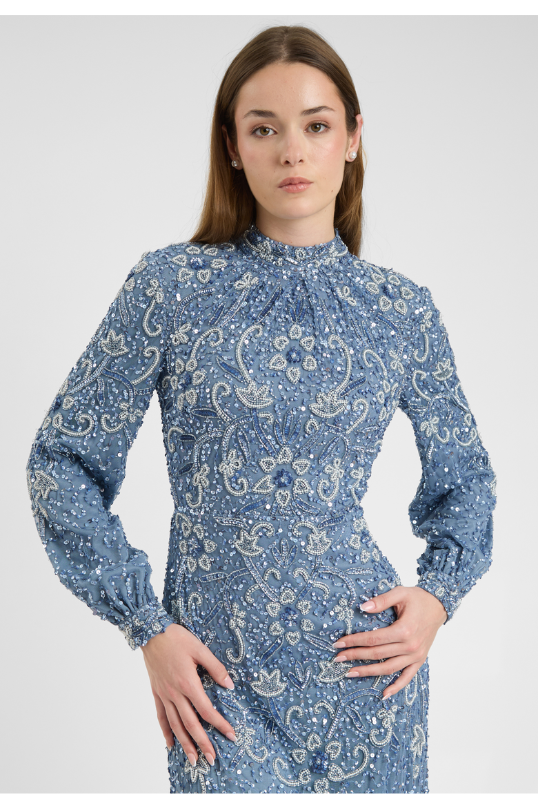 Modest Embellished Sequin Beaded Dress Maxi With Cuff Sleeves, Alternate, color, POWDER BLUE
