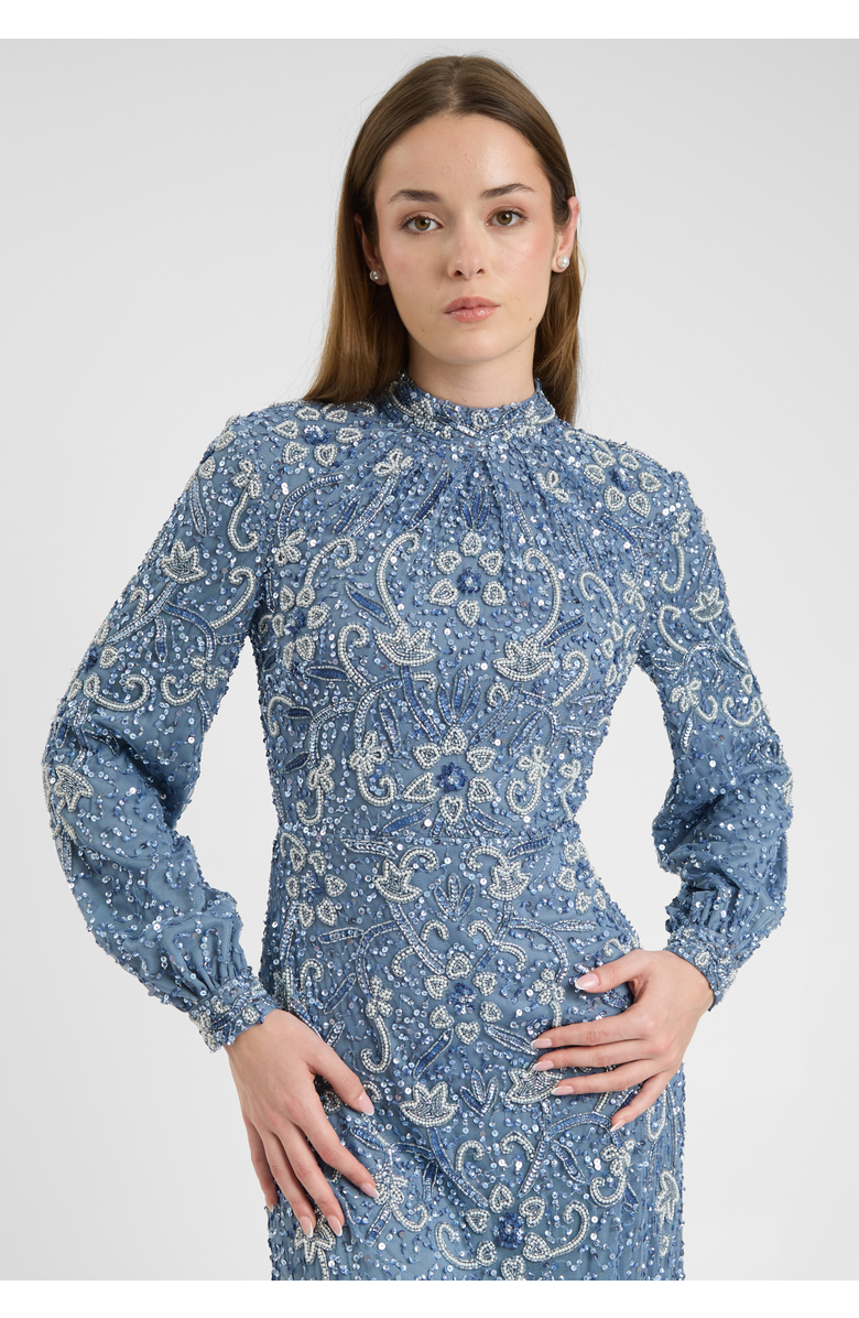 MARYISA Modest Embellished Sequin Beaded Dress Maxi With Cuff Sleeves, Alternate, color, Powder Blue