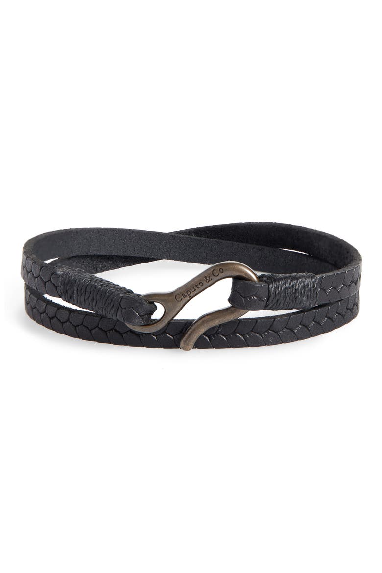 Embossed Leather Wrap Bracelet, Main, color, BLACK